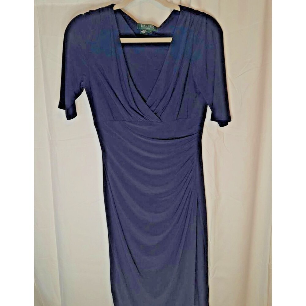 Lauren Ralph Lauren Dress Womens 6 Navy Faux Wrap Ruched Sheath Midi Career - Picture 2 of 10
